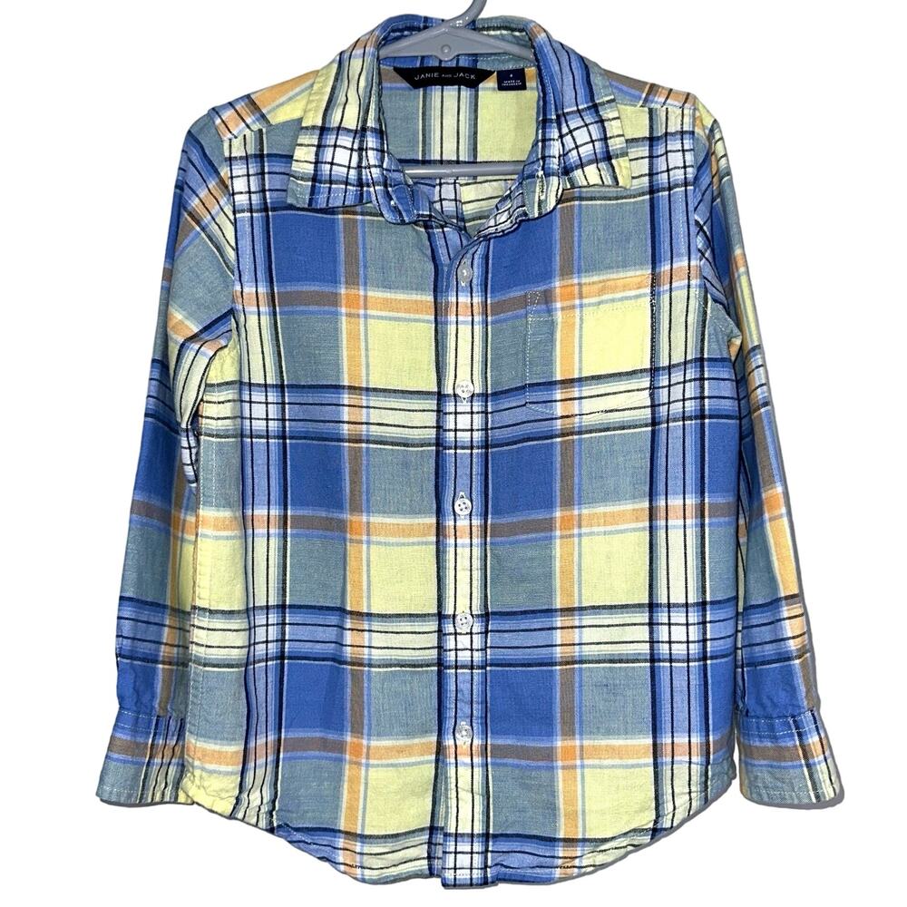 Janie and Jack Lemonade Plaid Linen Long Sleeve Preppy Button Up Shirt Size 4